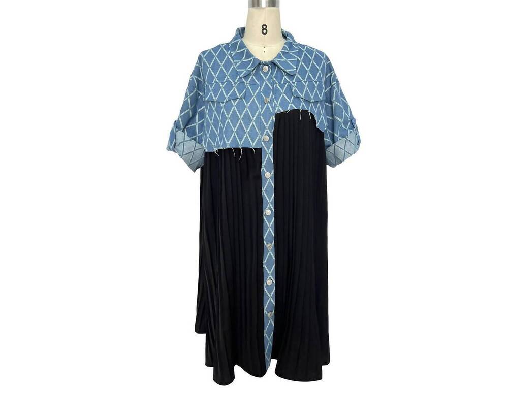 NEW XHHH INC women's contrast pleating shirt dress in black/blue